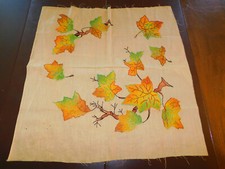 Vintage Completed LINEN Embroidered PILLOW TOP TINTED Autumn LEAVES 21x21"