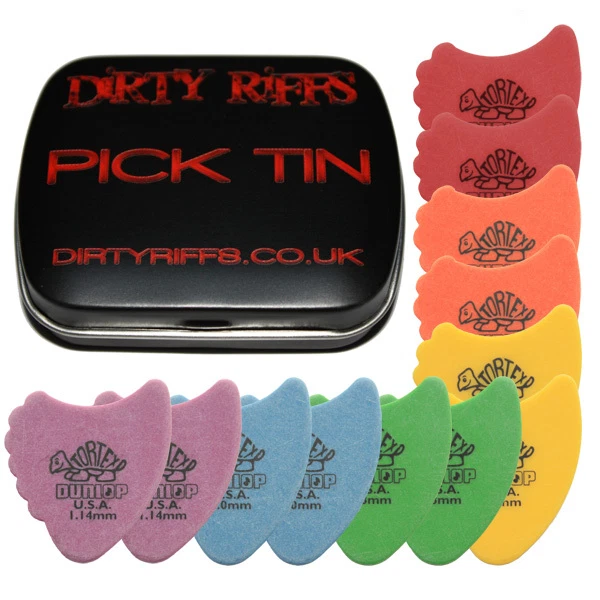 12 x Dunlop Tortex Fin Gitarren-Plektren/Gitarrenplektren - 2 von jeder Größe in einer Plektrum-Dose