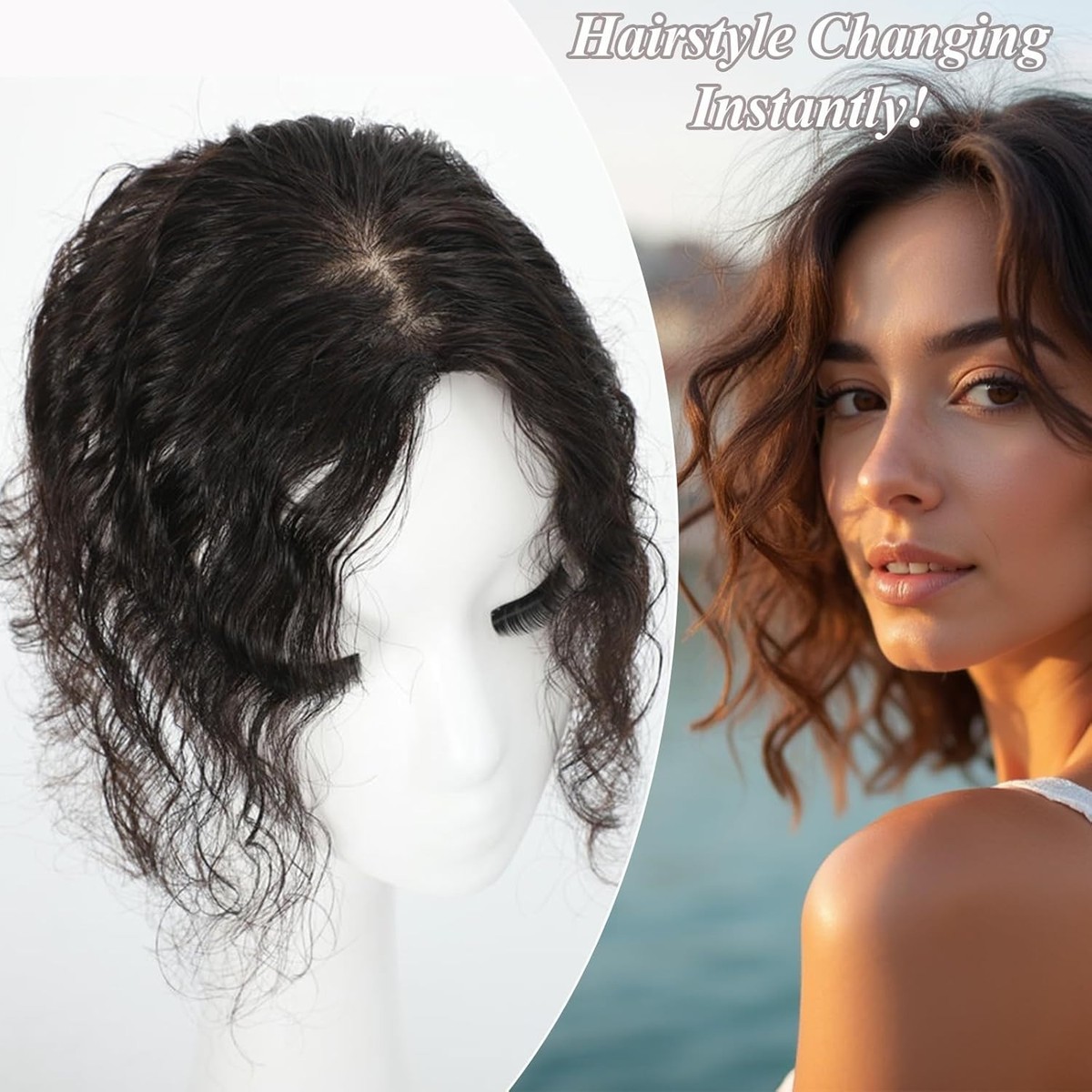 Human Hair Clip-In Topper with Travel Kit, 18 Inch Wavy Style 18 inch Brown Topper Toupee Poly Pu Wigs Top Pieces Human  main image 3