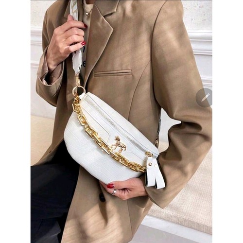 White Croc Horse Chain Shoulder Bag Fashion Fanny Pack Belt Bag - Picture 2 of 5