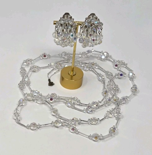 AB Faceted Crystal Beaded 60 Inch Necklace & Waterfall Clip-on Earrings Vintage - Picture 4 of 16