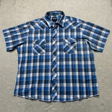 Vintage Wrangler Pearl Snap Shirt Mens XXL Blue Plaid Short Sleeve Western Rodeo