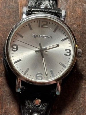 Ladies Arizona Round Silver Tone Black Leather Band Watch