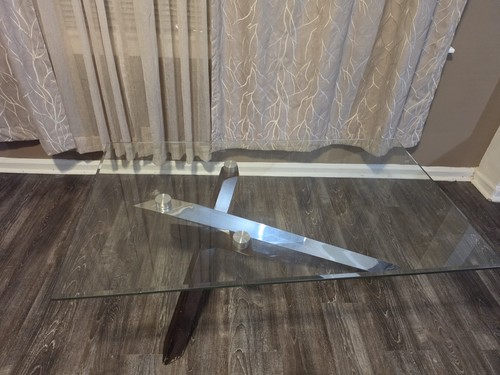 Glass Top Console Table with X-Shaped Wood & Metal Base, Modern Rectangular