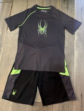 Spyder black and gray short athletic set with neon green trim size L