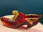 Fenton Art Glass Ruby Red Glass Cat Slipper with Gold Trim and Accents
