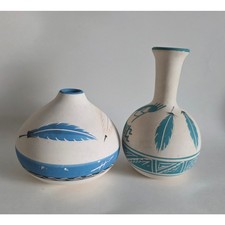 Set Southwest Style Painted Ceramic Vases Little Blue 31 & #43 Signed Pottery
