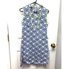 Vince Camuto White Blue Sleeveless A-Line, Lime Green Trim, Women's Size 8