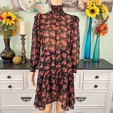Anvi Black Red Floral Midi Dress Women Romantic Victorian Prairie Cottage Boho