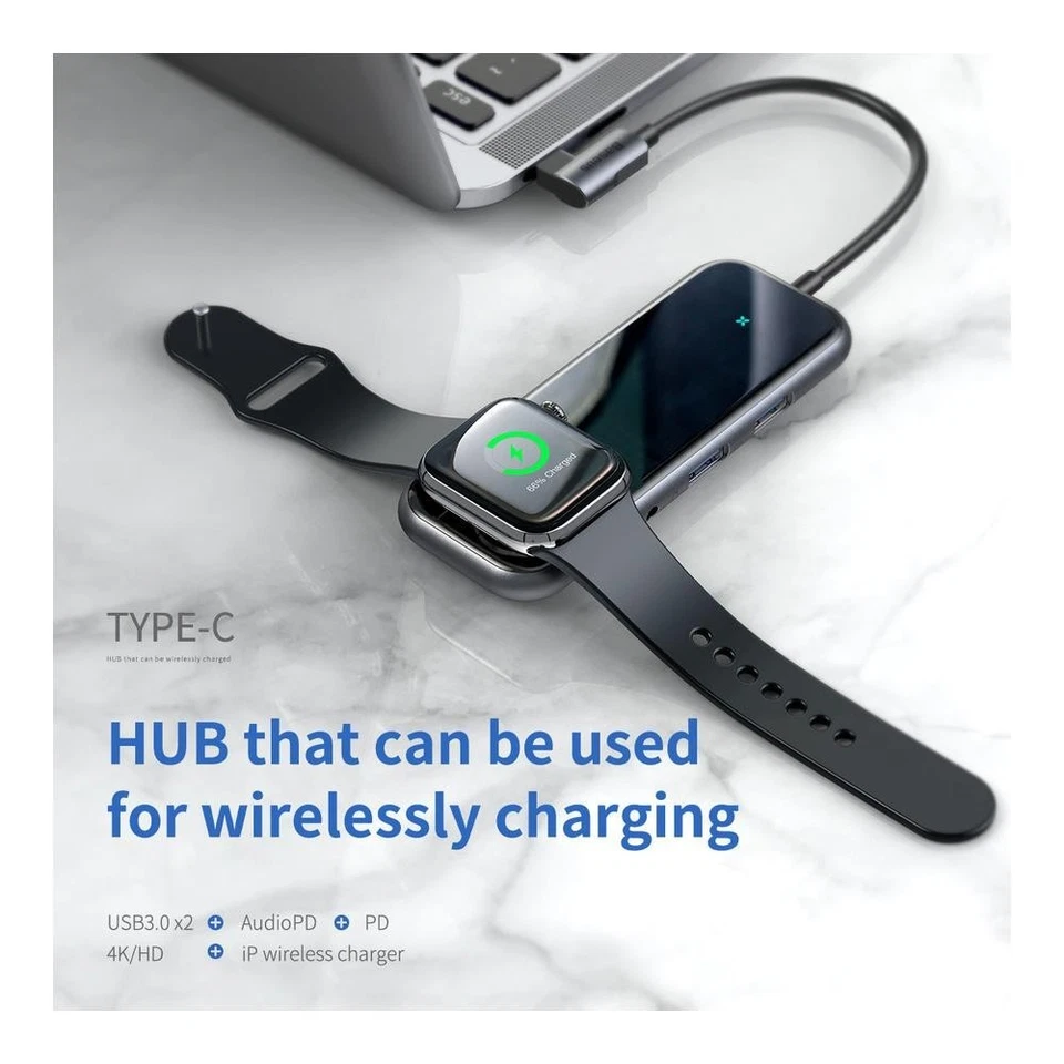 Baseus 6-in-1 USB-C Hub – HDMI 4K, 2×USB 3.0, PD 60W, Audio + Watch Charger - Image 2 of 4