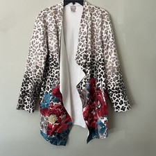 Chicos Long Cardigan Sweater Knit Sz 2 12/14 Animal Mixed Print Casual Comfort