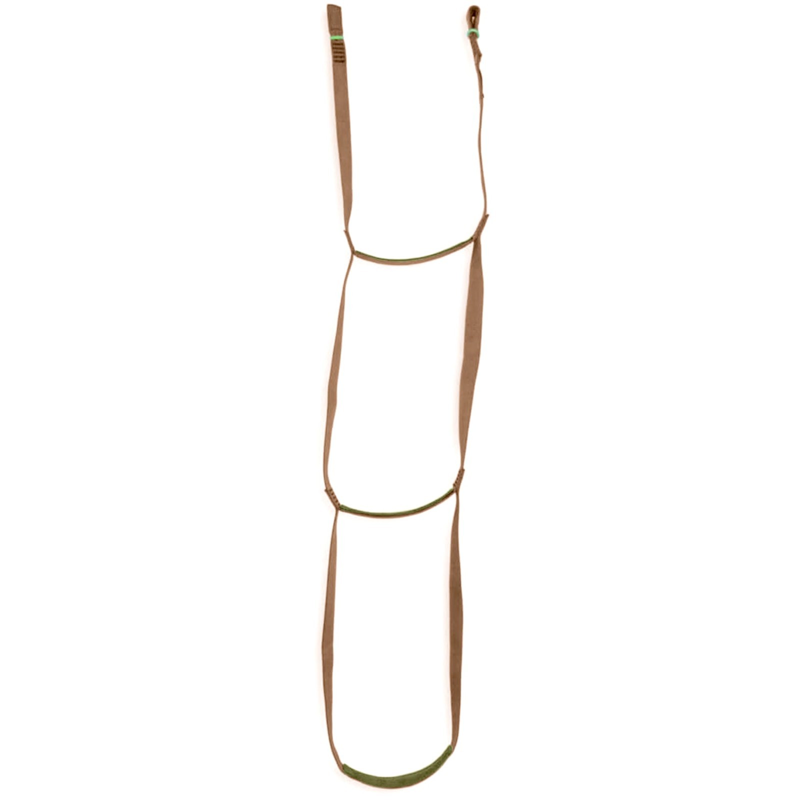 Brown USA-made step aider with two loops, green cord, and metal ring, hanging vertically against a white background.