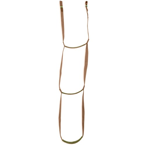 Brown USA-made step aider with two loops, green cord, and metal ring, hanging vertically against a white background.