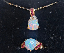925 Sterling Silver Yellow Gold Tone Trillion Opal Necklace Pendant Ring Set