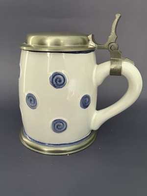 Vintage Lidded Beer Stein 1950s- E Wiedamann Regensburg White With Blue Dots