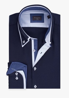 Men s 7 Camicie Roma Blue Satin Dress Shirt Slim Fit Cotton 42Large/16.5