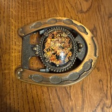 Vintage Western Horseshoe Belt Buckle w Metallic Resin Center  Brass Finish