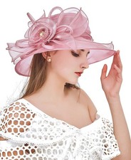 Women Derby Fascinator Hat Organza Church Wedding Tea Party Hats Wide Brim Su...
