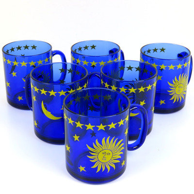 x6 Set Mugs Celestial Moon Sun Stars France Cobalt Blue Astronomy Vintage 