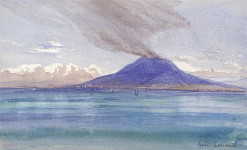 Mount Vesuvius From Sorrento Italy - Watercolour Painting - 19th Century
