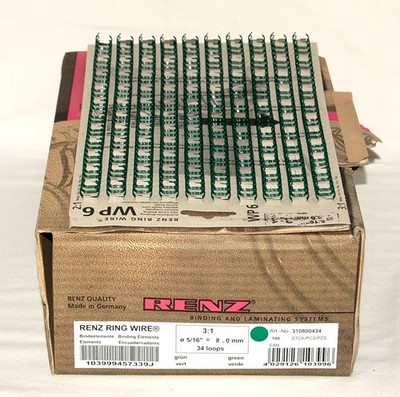 Renz 100 Ring Wire Drahtkamm-Bindeelemente 3:1 Teilung 34 Schlaufen grün Ø 8 mm