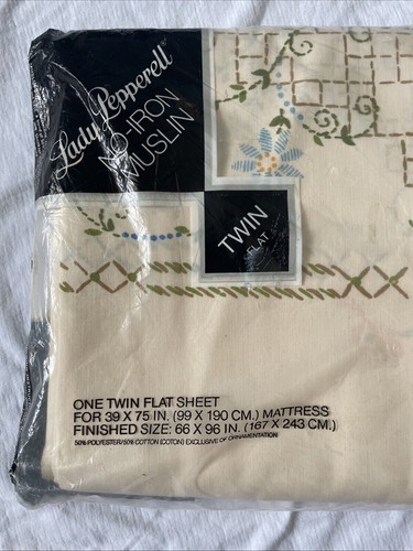 Lady Pepperell No-Iron Twin Flat Sheet Stitchery Design 39x75 In Finished 66x96 - Picture 3 of 8