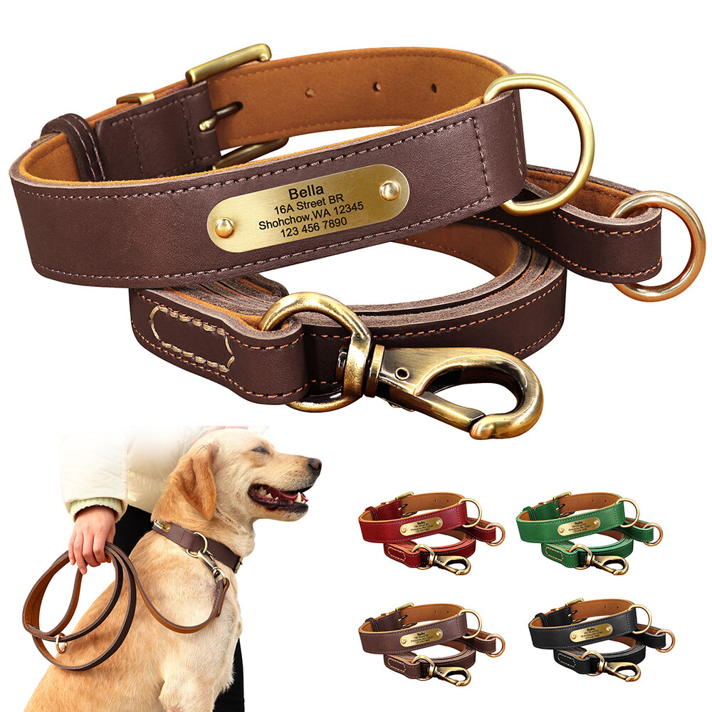 Genuine Leather Personalized Dog Collar and Leash Heavy Duty Custom Pet Name ID
