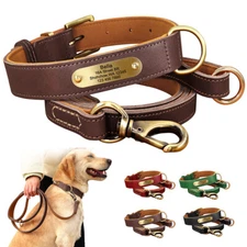 Genuine Leather Personalized Dog Collar and Leash Heavy Duty Custom Pet Name ID 