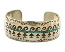 Men Navajo Bracelet 925 Silver Inlaid Coral  Turquoise Artist Signed LB C.80's