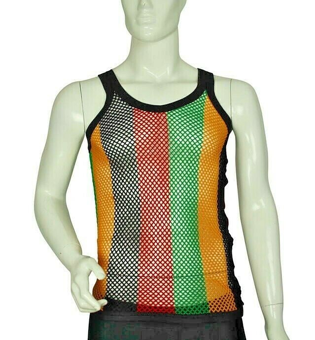 Fitted Rasta Stripe 100% Cotton String Vest Mesh Fishnet Muscle