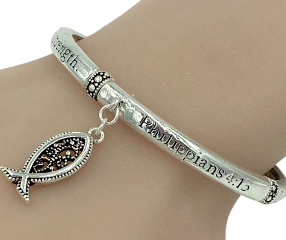 Brazalete elástico Phillipians 4:13 Christian Fish plata rodio Foto 2 de 4