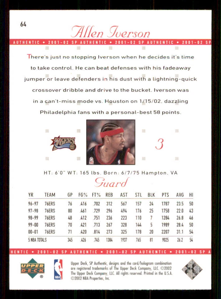 2001-02 SP Authentic #64 Allen Iverson - Image 2 of 2