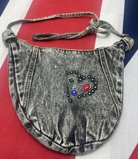 Vintage 80s Blue Denim Stone / Acid Washed Shoulder Bag With Heart E01