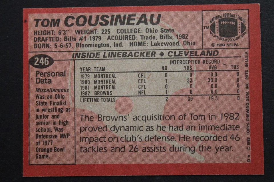 Tom Cousineau Cleveland Browns Autographed 1983 Topps Signed Card #246 OHIO ST - Image 2 of 3