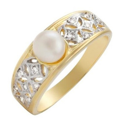18K Solid Gold Ring w Pearl & Diamond Size 6 | eBay