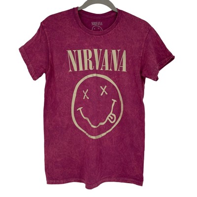 Officially Licensed Nirvana Nevermind Smiley Grunge Tee Magenta Acid Wash Small