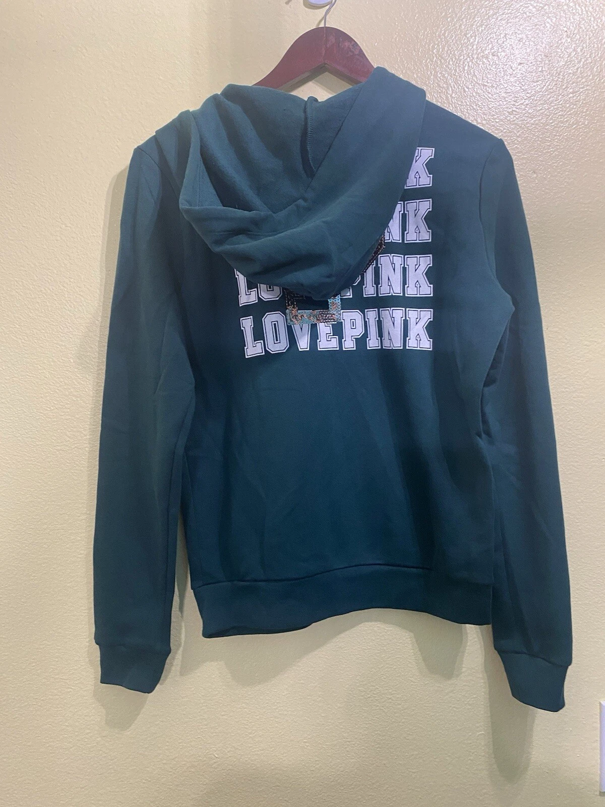 UNDERCOVER Felpa con cappuccio Victoria's Secret ROSA Bling nuova verde felpa logo oro paillettes S