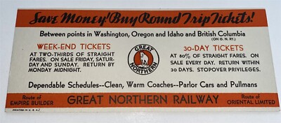 Great Northern Railroad Blotter nach vorne gerichtete Ziege Rundfahrt Tickets