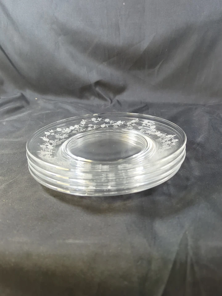 4 Fostoria Platina Rose Clear Floral Etched Crystal Salad Luncheon Plates Rare - Image 4 of 4