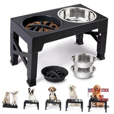 Elevated Dog Bowls - 5 Adjustable Heights Stand, 2 Stainless Steel Bowls Black