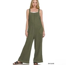 Zenana Double Gauze Washed Wide Leg Overalls Soft Women Medium Dark Olive New