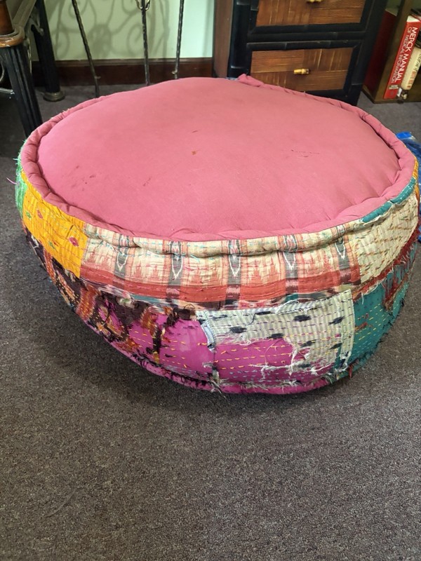 pink and multicolored patchwork pouf ottoman ftrs intricate Kantha embroidery