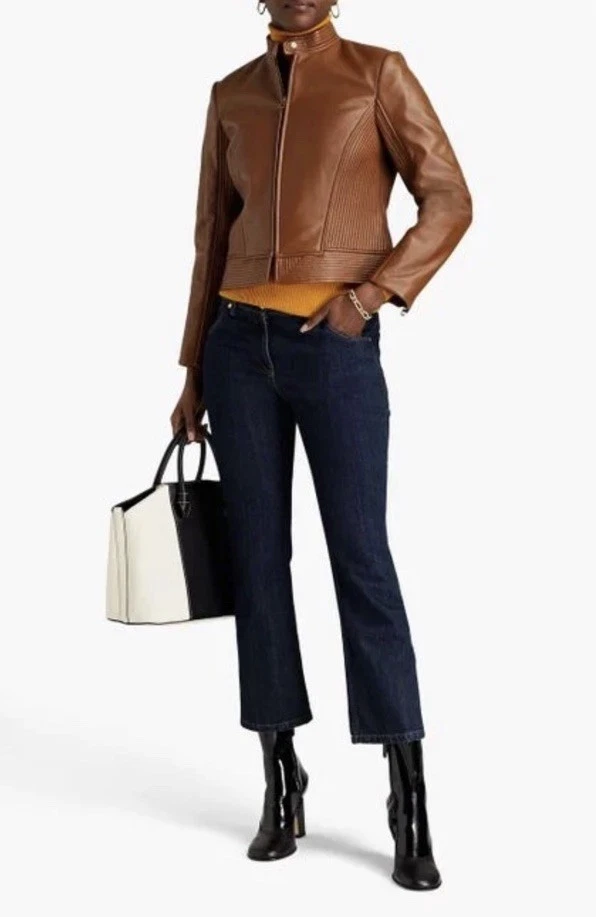 Седло для верховой езды Tory Burch Calista коричневое карамельное кожаное мото стеганая куртка $995 - Изображение 2 из 4