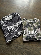 2 HUK Performance Fishing Shirts Size M. Long Sleeve Camouflage Green & Black