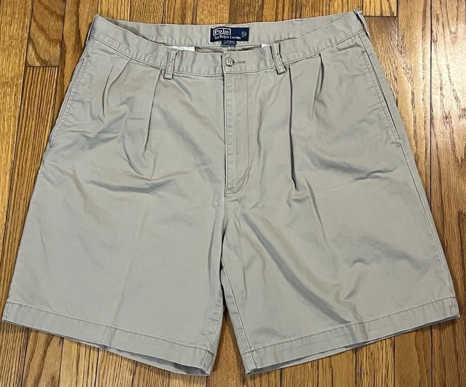 Vintage Polo Ralph Lauren Tyler Shorts Tan Khaki Pleated Chino Cotton Men 38x9”