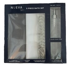 Nueva Spa 5 Piece Bath Set, Curtain, Liner, Hooks, Soap Pump, Tumbler- Grey