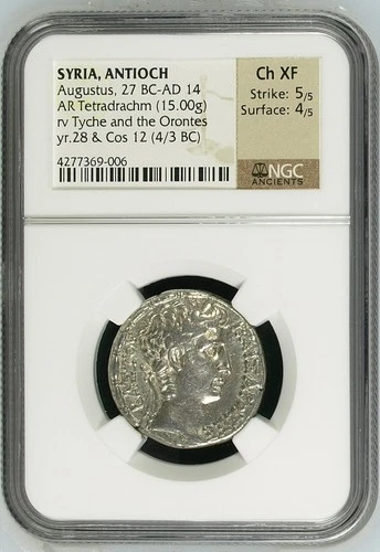 Augustus, 27 BC-AD 14 SYRIA, ANTIOCH AR Tetradrachm NGC Choice XF 4-3 BC