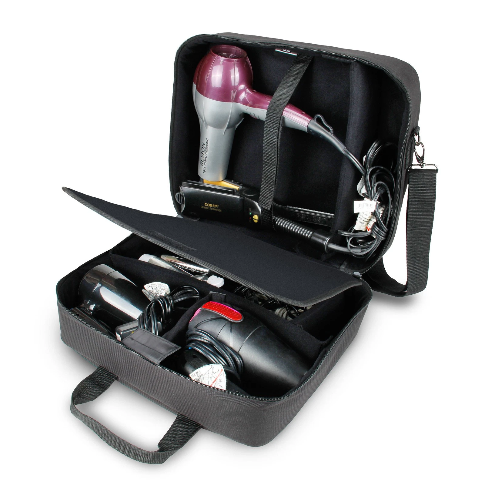 Hair Stylist Case w/ Shoulder Strap, Accessory Pockets & Custom Dividers (Black)