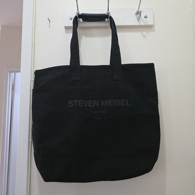 Zara x Steven Meisel UNISEX TOTE Shopper BAG Black Cotton Pocket Leather Strap