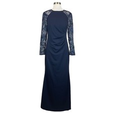 Eliza J Women's Formal Dress Size 6 Blue Sequined Lace Long Sleeve A-Line Gown